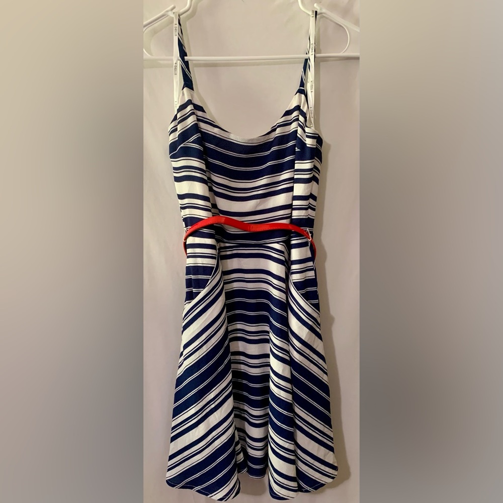 B DARLIN Navy and White Striped Dress with Red Belt